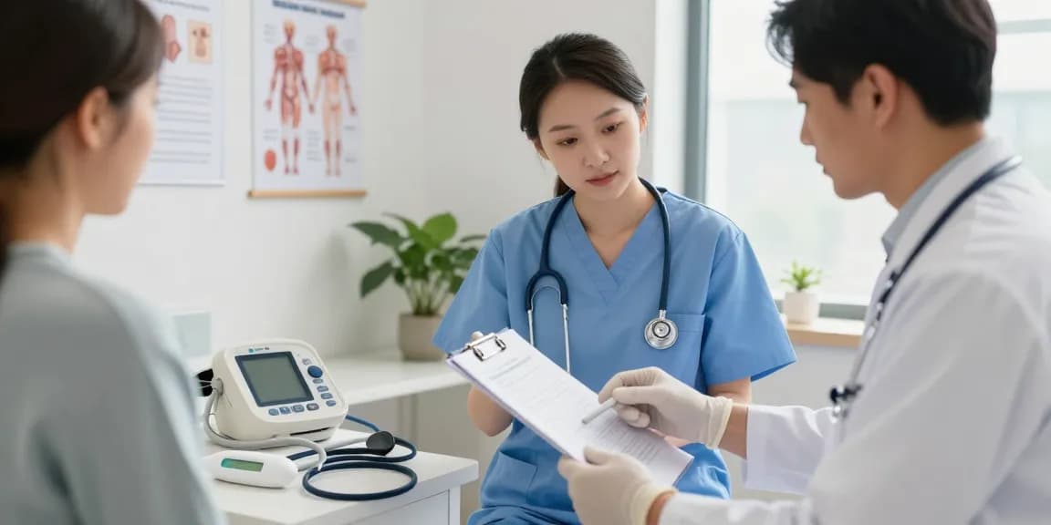 Healthcare professional in disposable exam gloves reviewing patient chart in bright examination room.