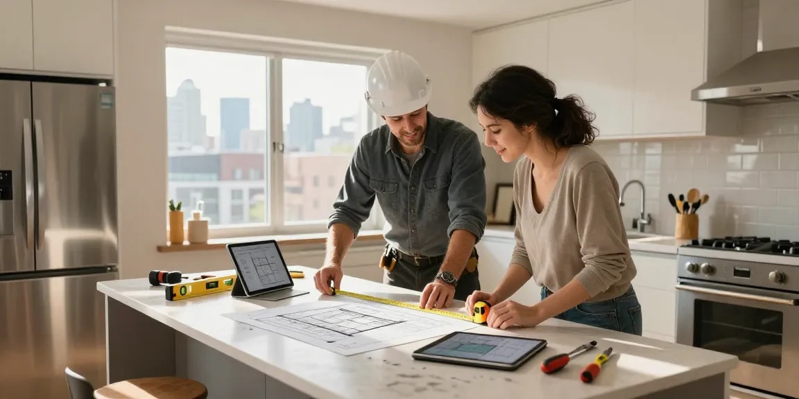 General contractor near me Toronto collaborating with homeowner on kitchen renovation, showcasing modern design and friendly atmosphere.