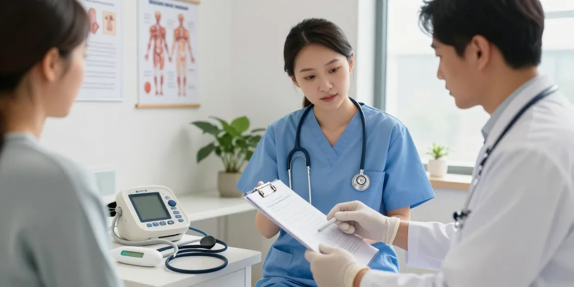 Healthcare professional in disposable exam gloves reviewing patient chart in bright examination room.