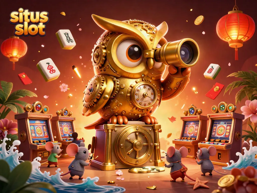 Engage in thrilling spins at situs slot with a cartoon owl and lively casino elements.