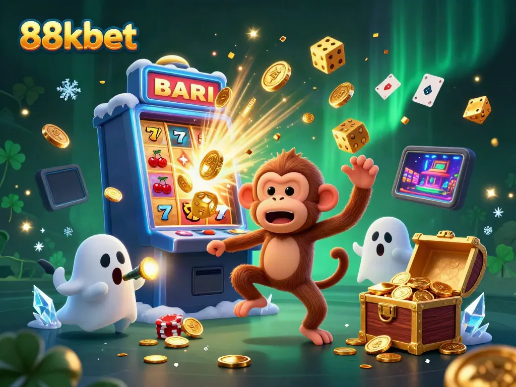 Experience the excitement of 88kbet with a playful poltergeist monkey juggling gold objects in a vibrant casino scene.