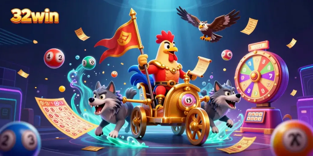 Discover the vibrant action at 32win com with our cartoon rooster warlord and dynamic lottery scene.