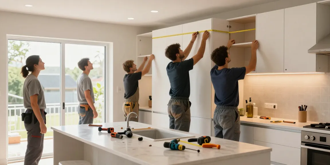 General contractor near me Toronto overseeing kitchen renovation with skilled team, professional atmosphere and bright lighting.