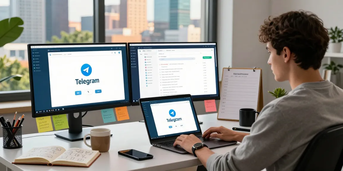 Using Telegram Web Version on a laptop in a modern workspace