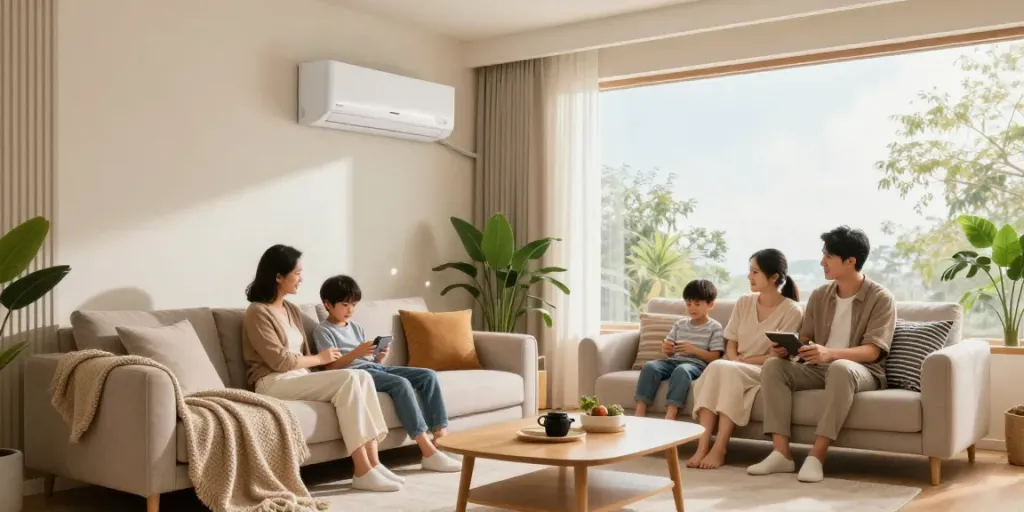 Family in a cozy living room with a split ac unit providing cool air and comfort.