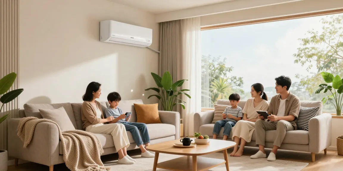 Family in a cozy living room with a split ac unit providing cool air and comfort.