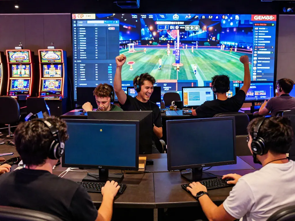 Engaged players experiencing the thrill of online gaming on GEM88 platform, surrounded by dynamic visuals.