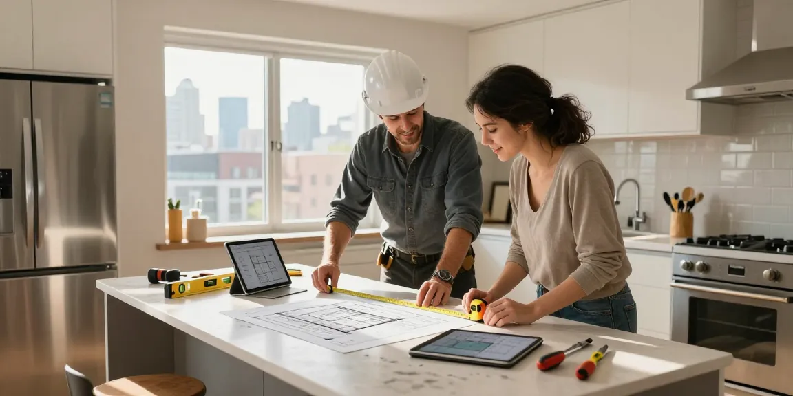 General contractor near me Toronto collaborating with homeowner on kitchen renovation, showcasing modern design and friendly atmosphere.