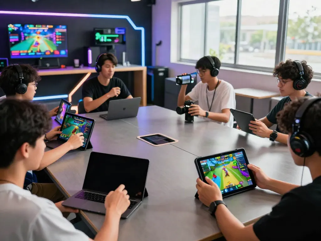 Excited gamers playing rokok 88 bird-catching challenge on interactive devices.